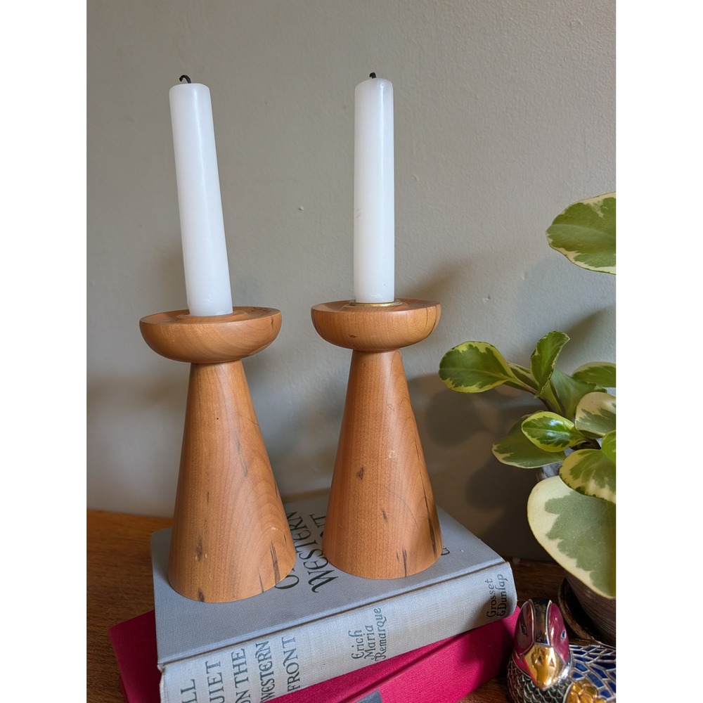 Vintage Oregon Myrtlewood Candlestick Holders Mid Century Modern Wood Taper Pair
